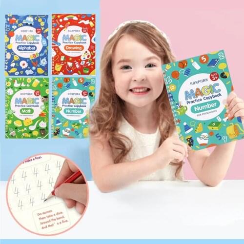 4 Books+Pen Magic Practice Copybook Reusable Free Wiping English Lettering Calligraphic Handwriting Practice Workbook For Kids