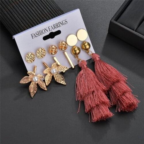 Modyle Bohemia Vintage Gold Color Metal Leaf Earrings Set Long Dangle Tassel Earrings For Women Jewelry