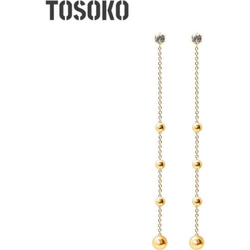 TOSOKO Stainless Steel Jewelry Long Steel Ball With Zircon Tassel Earrings Temperament Earrings For Women BSF020
