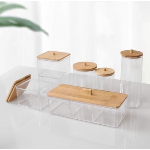 Makeup Cotton Pads Swab Storage Bin Case Cosmetics Organizer Box with Bamboo Cover for Women Makeup Holder
