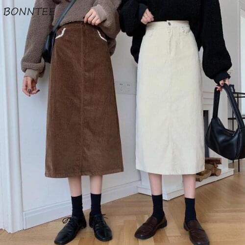 Skirts Women Solid Empire Mid-calf Retro Corduroy Straight Casual Vintage Elegant Lady Slit All-match Midi Korean Style Fashion