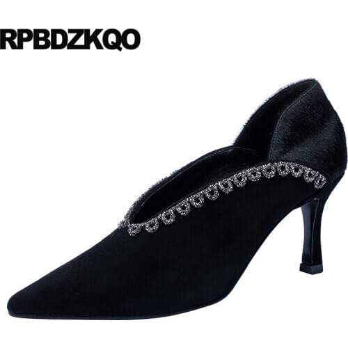 Suede pumps thin high heels pointed toe rhinestone 3 inch shoes stiletto black fashion medium ladies slip on diamond crystal
