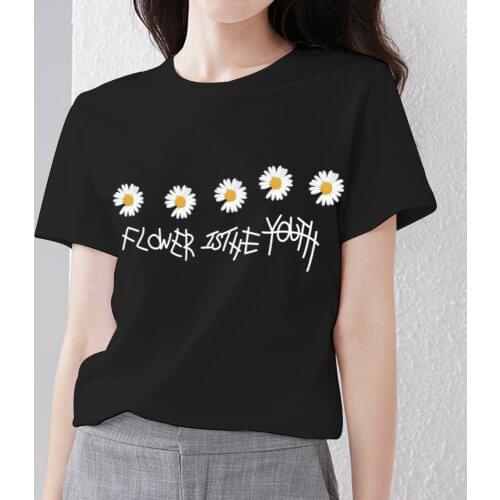 Women Printing T-shirts Fashionable Beautiful Daisy Pattern Series Summer Harajuku Black All-match Female Short-sleeved Tops