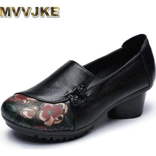 MVVJKE 2021new spring and autumn leather mom shoes soft bottom women comfortable mid-heel chunky heel single shoes womens shoes