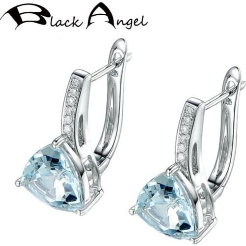 BLACK ANGEL Luxury Sky Blue Topaz Spinel AAA Zircon Clip Earrings Jewelry 925 Sterling Silver Earring For Women Wholesale