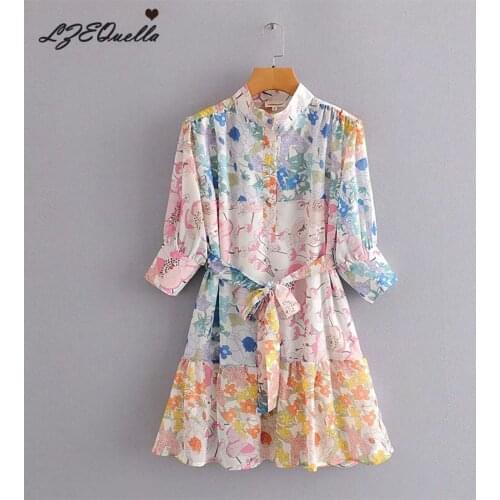 LZEQuella Casual Print Mini Shirt Dress Women Spring Summer Half Sleeve Dresses High Waist Short Sleeve Belt Vestidos For Women