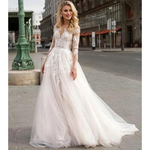 Fanweimei Tulle Beach Wedding Dresses 2021 New Boho O-neck Long Sleeve Backless Champagne A Line Wedding Gowns Customized Dress