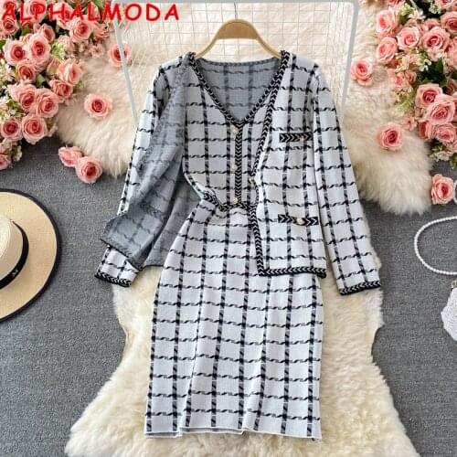 ALPHALMODA Autumn Winter New Celebrity Style Plaids Dress + Cardigans 2pcs Women Elegant Knitted Suit