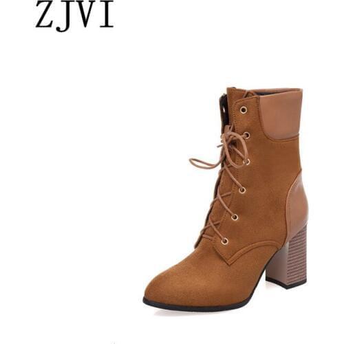 ZJVI 2020 Winter Woman NUBUCK Suede Lace Up Women Ankle Boots Warm For Gils Lace Up Children Ladies 8cm Square High Heels Shoes