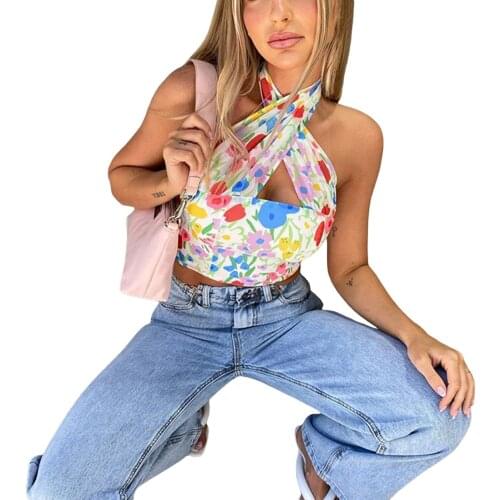 2021 Fashion Womens Sleeveless Crop Tops Stylish Floral Print Cut Out Halter Crisscross Camisole Summer Casual Tanks Sun-Tops