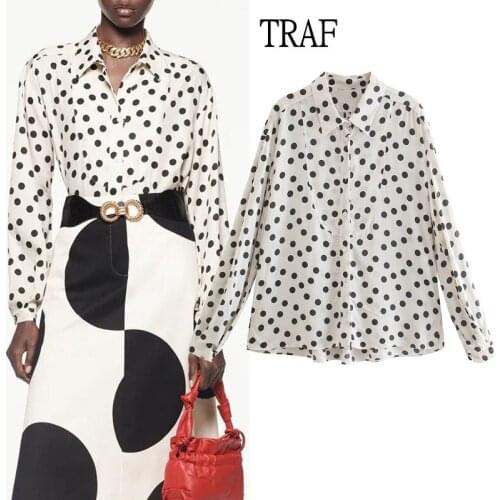 TRAF Za Women Polka Dot Shirt Fashion Woman Blouses 2021 Spring Loose Long Sleeve Button Up Women Top Elegant Blouses Chic Tops