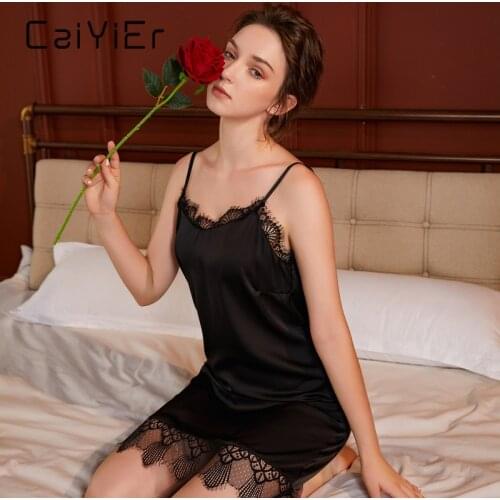 CAIYIER Summer Lace Lingerie Nightgowns Sexy Black Luxury Sleepdress V-Neck Women Sling Nightdress Black Luxury Party Sleepdress