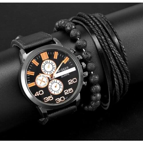 Black Fashion Watch Bracelet Set Mens Quartz numerals Dial Leather Strap Watches Elastic Adjustable Bracelets with Box Gifts