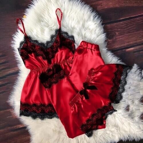 Women Bowknot Shorts Robe Set Sexy Pajamas V-neck Sleepwear Eyelash Lace Sexy Stain Camisole Pajamas Traje Conjuntos