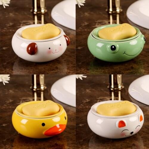 Cartoon Animal Design Ceramic Soap Box Double Layer Soap Holder Toilet Household Desktop Laundry Soap Dishes Storage Box ZA296