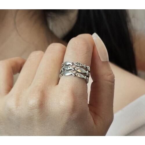 925 Silver Simple Forest Creative Fish Ring Fashion Personality Retro Old Thai Silver Open Fish School Ring Korean