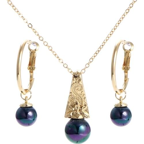 KOMI Polynesian Hawaiian Samoa Marshall Island Style Glass Bead Carved Pattern Charm Necklace Dangle Earrings Jewelry Set