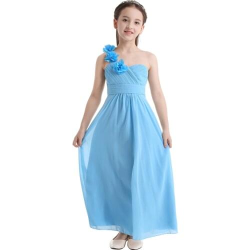 New Arrival Kid Girls Child Flower Chiffon Tulle Lace Dress Party and Wedding Bridesmaid One-shoulder Formal Summer Maxi Dress