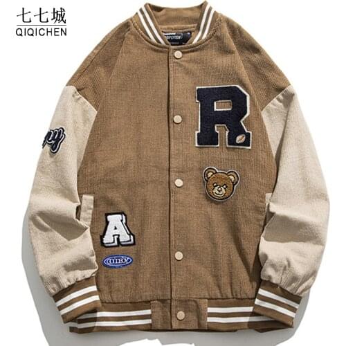Baseball Varsity Jacket Men Furry Letter Bear Street Embroidery College Patchwork Jackets Women Japanese Hiphop Bomber Coat 2021
