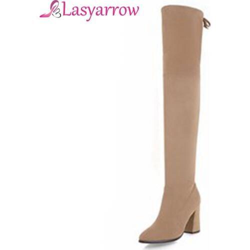 Lasyarrow 2018 New Flock Leather Women Over The Knee Boots Lace Up Sexy High Heels Women Shoes Autumn Winter Boots Size 34-48