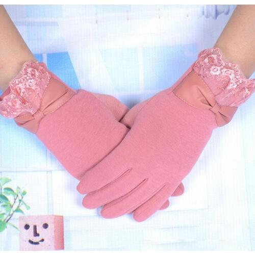 Fashion Women Bow Lace Sports Fitness Cycling Gloves Female Winter Warp Knitted Velvet Warm Cashmere Touch Screen Gloves L16