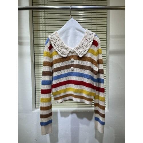Fashion 2021 new women long-sleeved sexy casual hollow lapel color striped sweater 0323