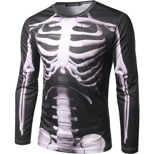 Scary Halloween Costume Tops X-Ray Torso Skeleton 3D Print Men Purim Horror Muscle Shirt Full Sleeves Joking Tee Trick For Adult
