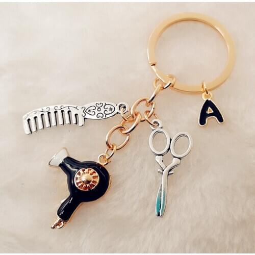 Hairdresser must-have hair dryer scissors comb decorative keychain hairdresser gift key ring hair dryer A-Z letter key ring