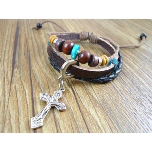 New trendy fashion handmade charms hemp rope belt wrap mens leather cross bracelet jewelry for women