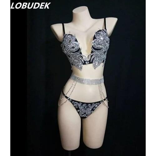 Sexy Pole Dancing Shinny Rhinestones Bikini Belt 3 Pieces Set DJ Women Singer Dancer Bar Nightclub Party Rave Stage Wear Costume