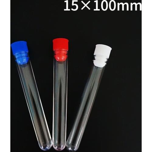 50pcs/lot 15x100mm Clear Plastic Test Tubes With Plastic Blue/Red/White Stopper Push Cap For School Experiments And Tests