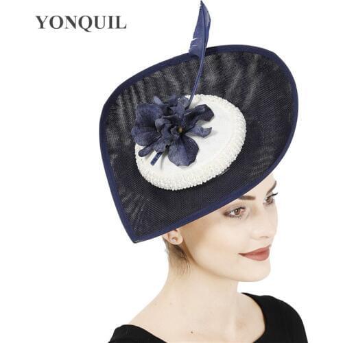 Charming Chic Navy With Ivory Fashion Hat Women Bride Wedding Fascinators Headband Formal Occasion Church Headpiece Nice Hats