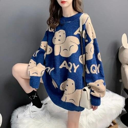 Bear sweater women Streetwear Knitted Pullover fashion Korean Hip Hop Harajuku Oversized Outwear Jumper long sleeve top