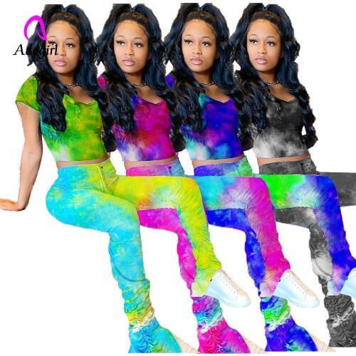 Tie Dye Print Tracksuit Women 2 Piece Set Casual Crop Top + High Waist Leggings Stacked Pants Matching Set Bell Bottom Outfits