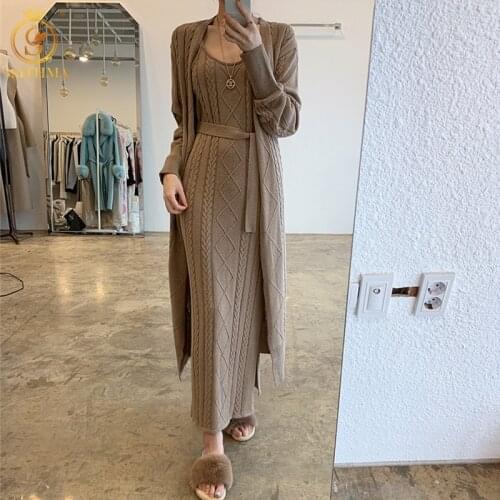 SMTHMA Korean Sweater Set Vintage Style Long Knitted Sweater Cardigan Coat + Sleeveless Lace Up Vest Dress Female Two-Piece Suit