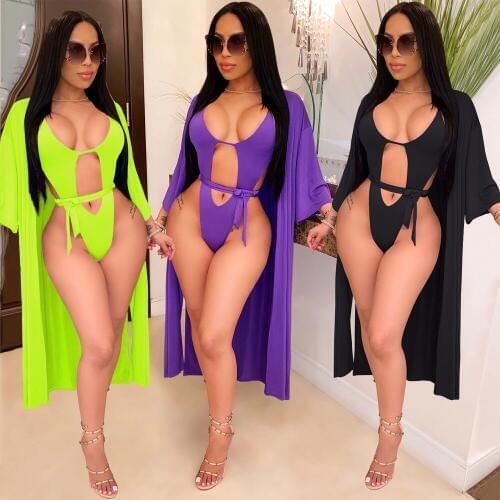 Women Beach Two Piece Bikini Set One Piece Bikini + Coat Cloak Swimwear Female Bandage Hollow Out Backless Bodysuit Swimsuit