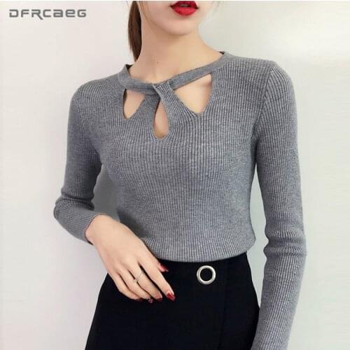 Hallow Out Autumn Spring Women Basic Knitted Sweaters 2019 Fashion Streetwear Knit Long Sleeve Criss-Cross Pullover Tops Femme