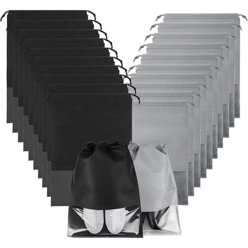 20PCS Travel Shoe Bags, Large Shoes Pouch Packing Organizers, Non-Woven Shoe Storage With Thick Rope Black+Gray