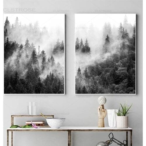 Nature Prints Forest Wall Art Black and White Tree Posters Foggy Forest Landscape Canvas Painting Wall Picture Living Room Decor