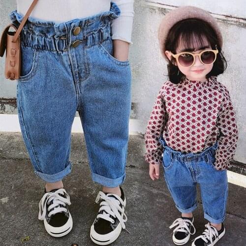 Girls' Jeans, childrens autumn and spring clothes, pants, baby girls' jeans, buttons, toddlers 1 to 8 years