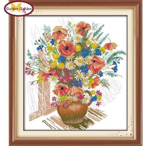 GG Colorful Flower Vase Cross Stitch Patterns Chinese Flower Design Embroidery Needlework Cross Stitch Drawings for Home Decor