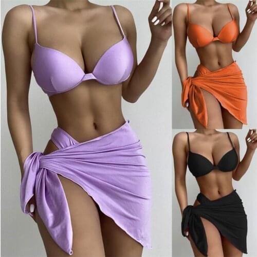 2021 Hot Bikini Sets Women 3 Pcs Bathing Swimsuit Straps Patchwork Solid Sexy Push Up Bra Swimwear Beachwear