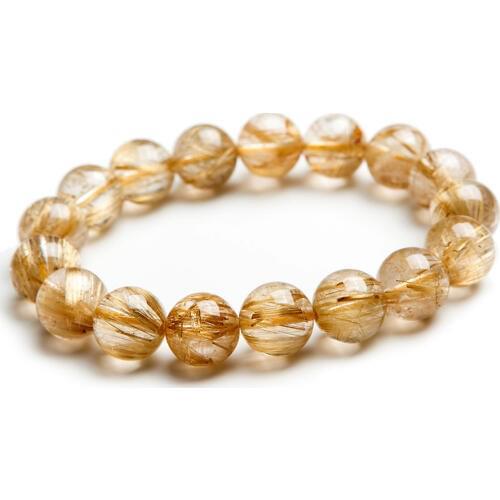 Fashion Stretch Charm Bracelets For Women 13mm Genuine Natural Titanium Gold Rutilated Quartz Crystal Beads Men Jewelry Bracelet