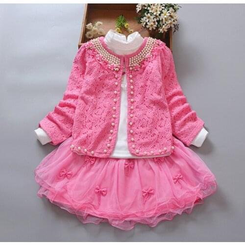 New Spring Childrens Clothing Fashion Kids Baby Girl Pearl Coat White T Shirt Tops Lace Tutu Dress 3pcs Clothes Set Party Suits