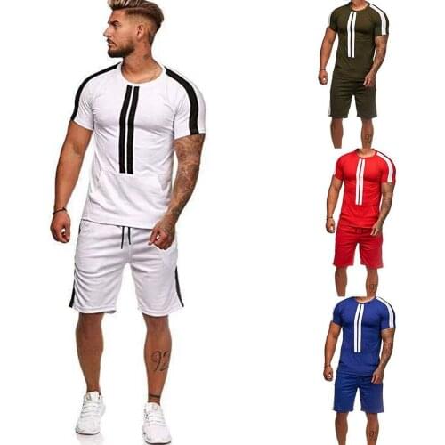 New Mens Sets Short Sleeve stripe Stitching suit Men Two Pieces T Shirt Shorts Casual Tracksuit Set Sweatsuit Patchwork Male