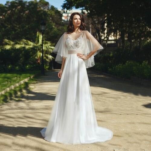 Charming On Sale 2021 Lace Bridal Wedding Gowns Illusion Jewel Neck Batwing Sleeves Wedding Dresses for Bride Backless Pleated