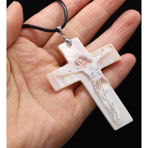 Natural Shell Cross Shape Mother of Pearl Shell Wax Thread Necklace Pendants Charms for Women Gift Size 45x65mm Length 55cm