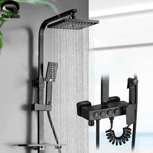 Luxury Matte Black Shower Faucet Set 3-Function Switch Wall Mount Rain Shower Faucet With Hand Shower Tub Spout Hot Cold Mixer