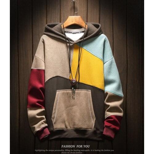 Patchwork Hoodies Hip Hop Streetwear Sweatshirt Color Block Fashion Harajuku Hooded Pullover Autumn Tops Contrasted Color HH542