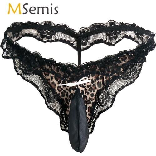 Sexy Mens Stretch G-string Thong Panties Mesh Patched Front with Lace Ruffles Bulge Pouch Briefs Open Butt Gay Underwear